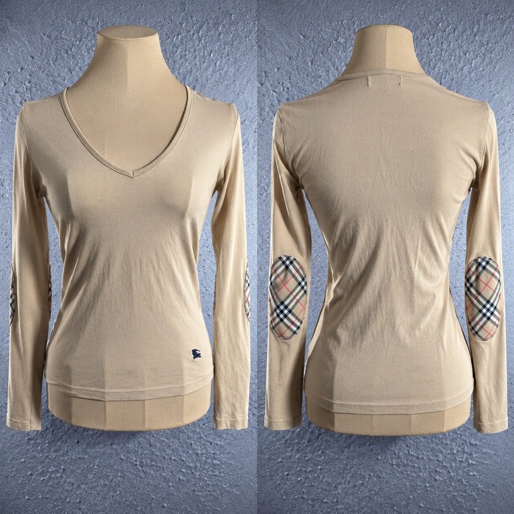 3102 | Burberry London Nova Check Elbow Patch V Neck Long Sleeve Top Beige S